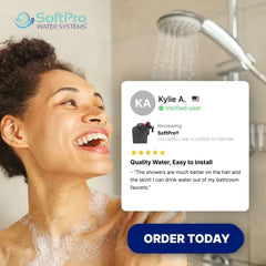 Smiling woman in a shower under a metal showerhead with a SoftPro customer review overlay and Order Today button.