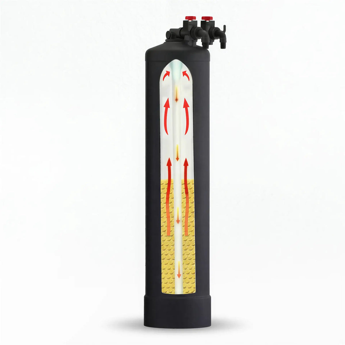 Tall black plastic filter tank with a cross-section view showing red arrows and tan filtration media inside.
