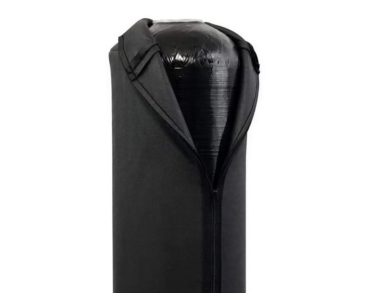 Black cylindrical tank partially enclosed in a black fabric zip-up sleeve.