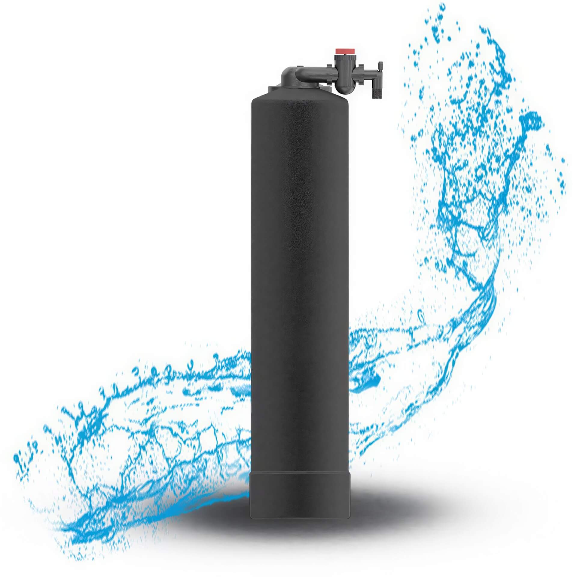 Tall black cylindrical tank with a valve on top, positioned in front of a blue water splash on a white background.