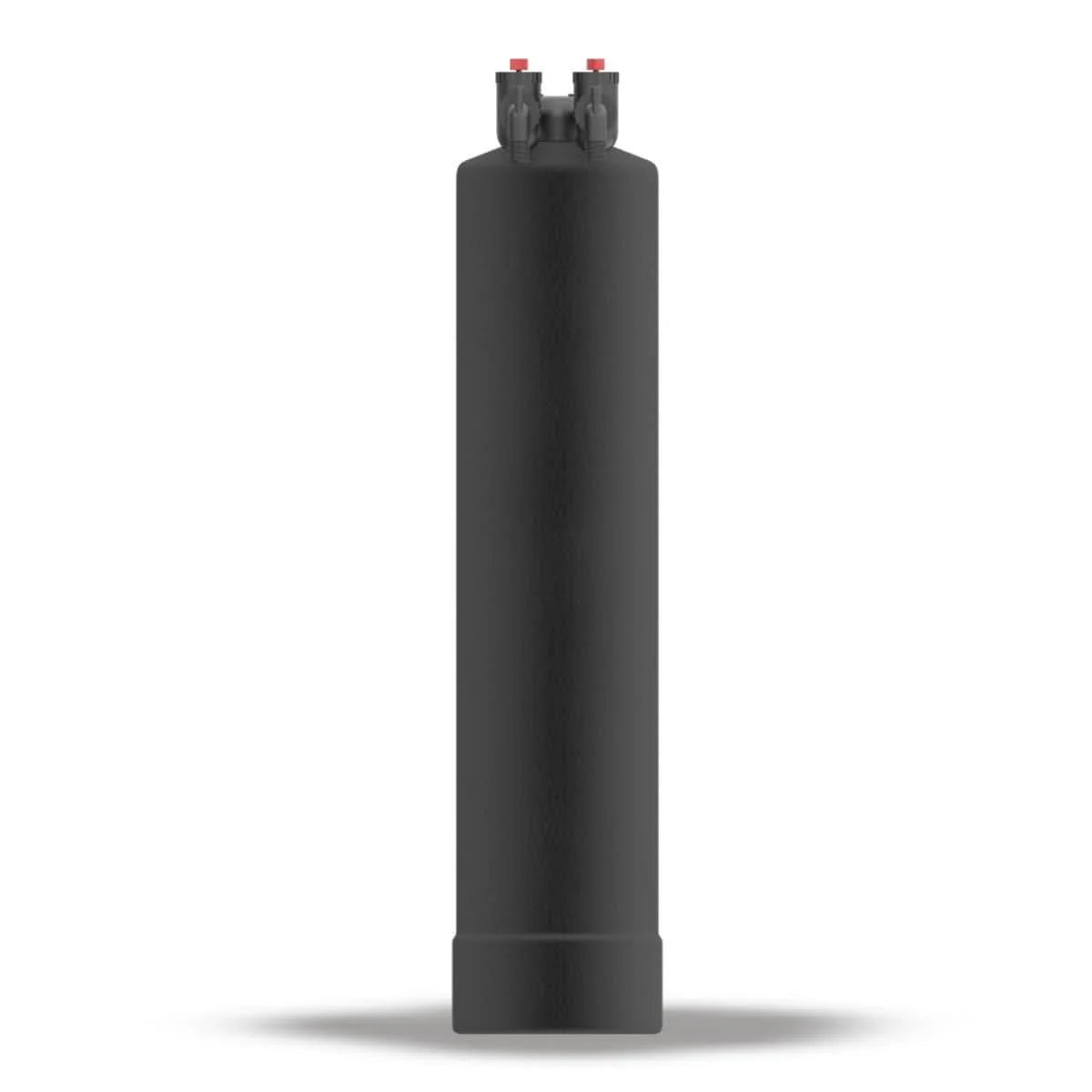 Single tall black cylindrical tank with a grey valve head and two small red caps on top.