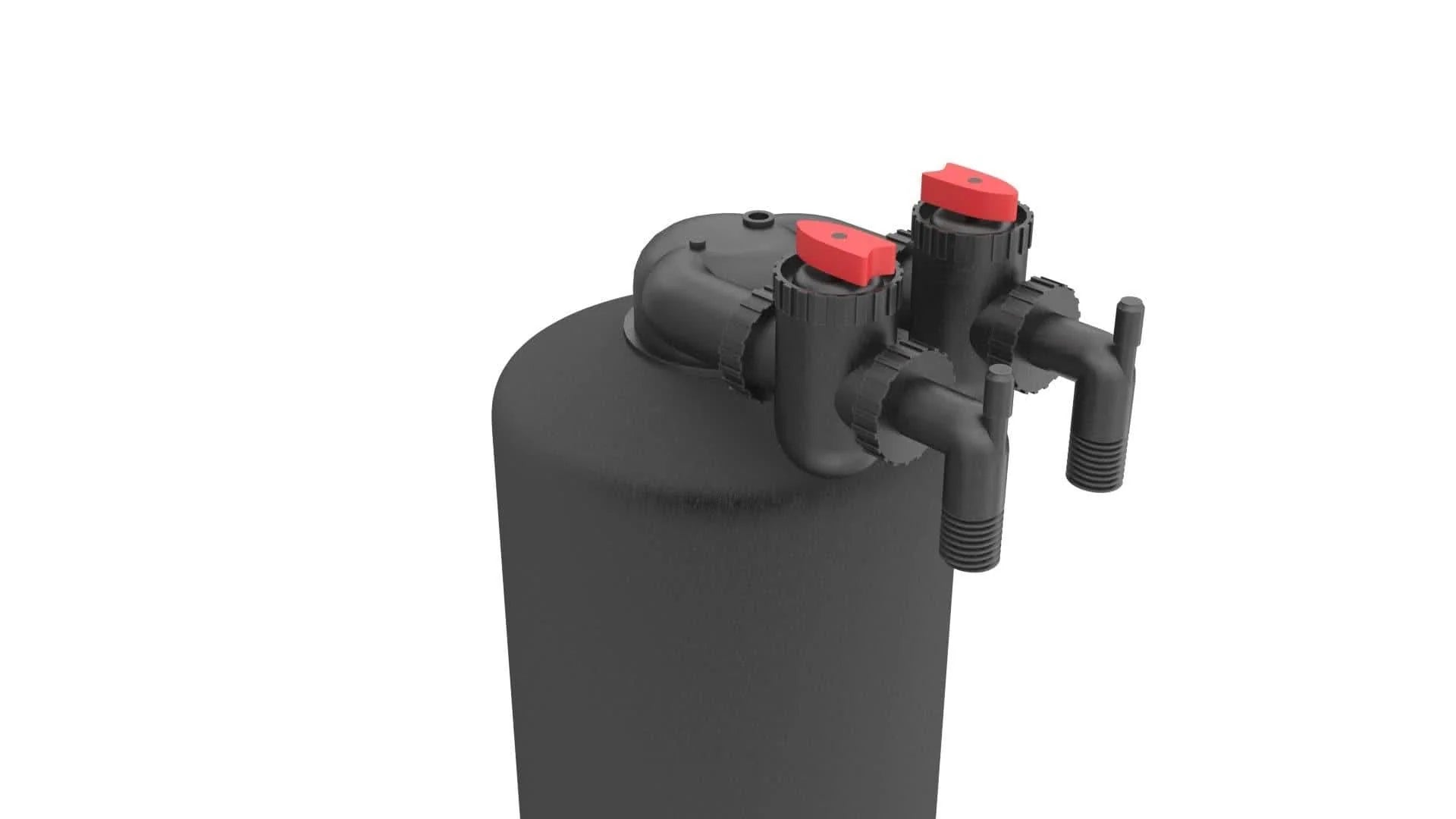 Black cylindrical plastic tank with two black valves and red handles on top against a white background.