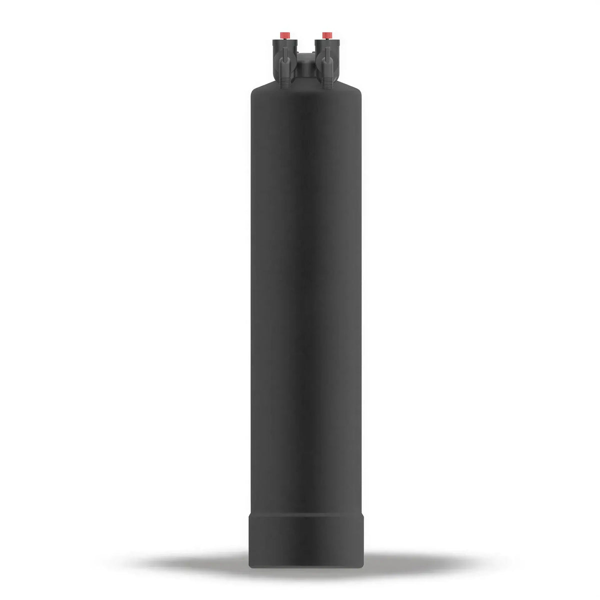 Tall, matte black cylindrical plastic tank with a grey valve and red caps on top, centered on a white background.