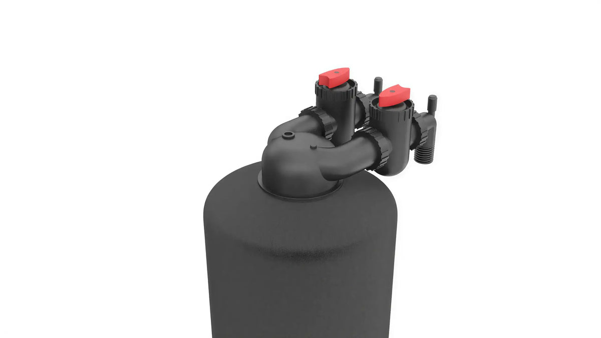 Black cylindrical plastic tank with a bypass valve and two red handles on top.