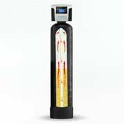 Tall black SoftPro water filter tank with a digital control valve and a cutout showing internal filtration layers.