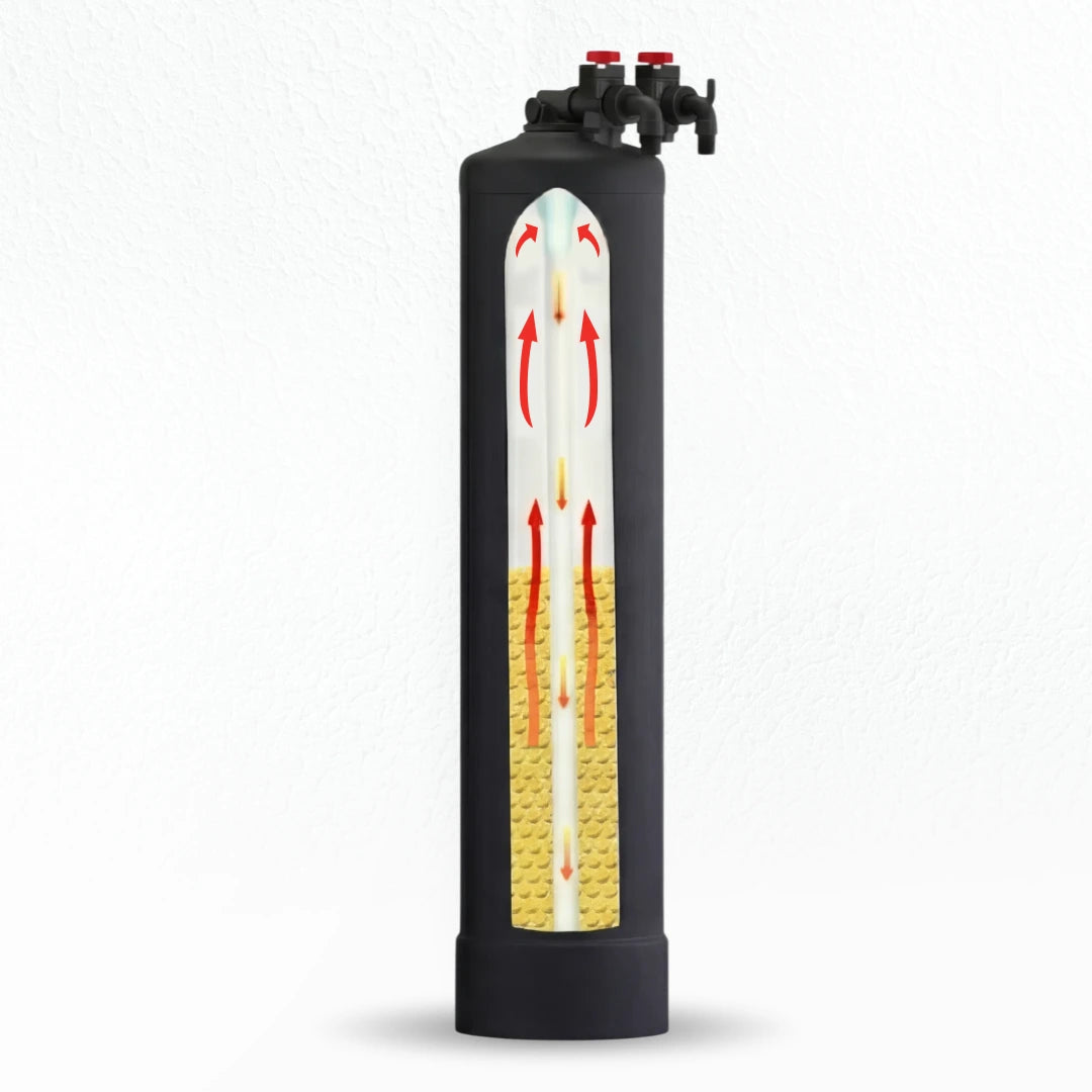 Tall black plastic cylinder with a cross-section showing internal filtration layers and red arrows indicating water flow.