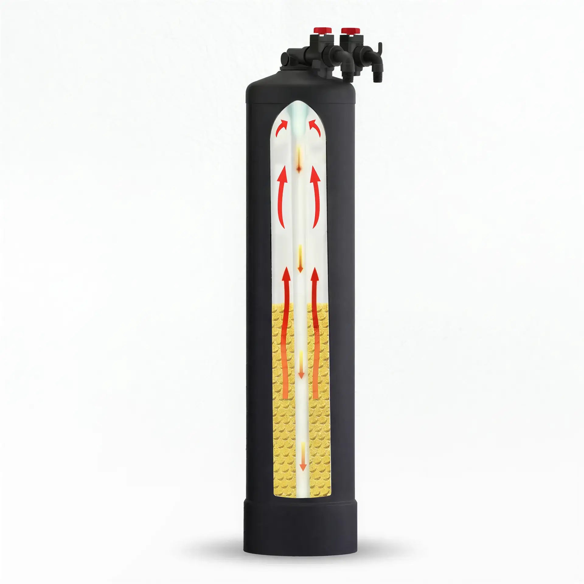 Tall black plastic filter tank with a cross-section view showing red arrows and tan filtration media inside.
