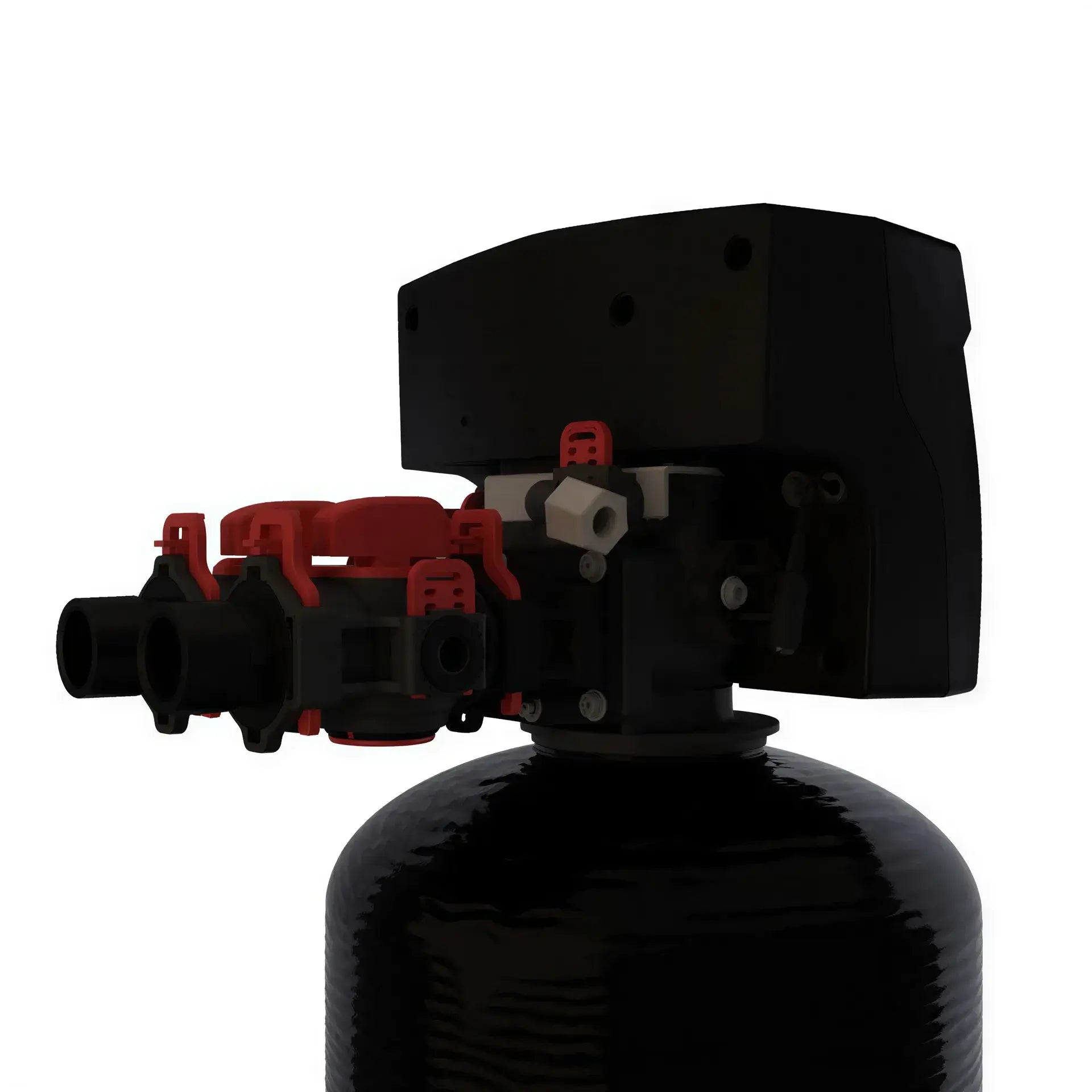 Black plastic SoftPro water filter tank with a digital control valve and red bypass levers on a white background.