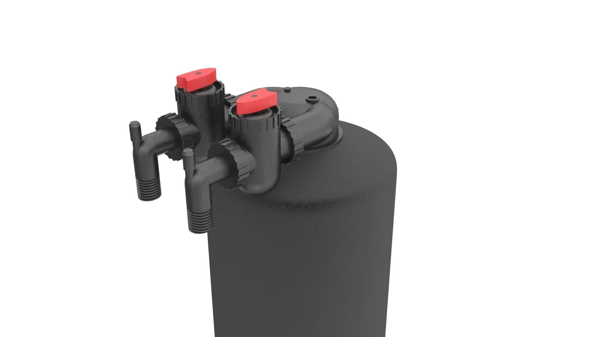 Black cylindrical plastic tank with two black valves featuring red handles and threaded pipe connections.