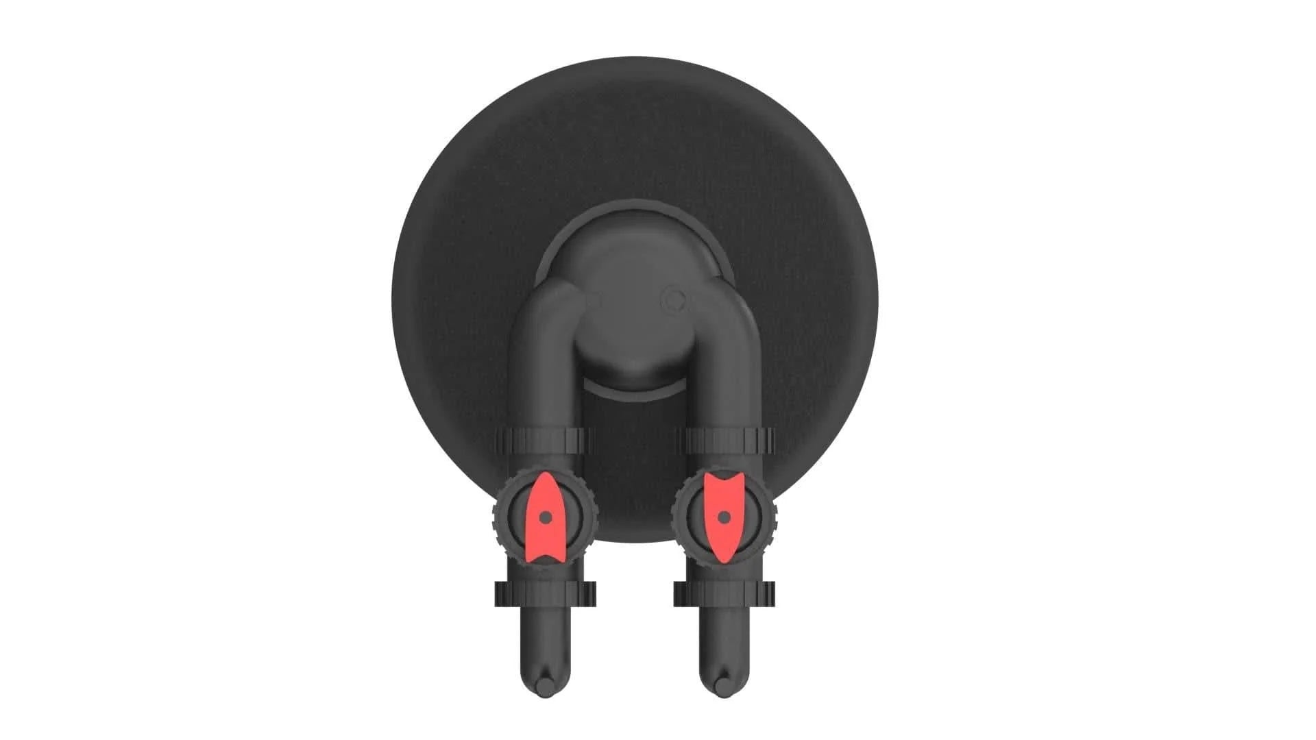 Top-down view of a black plastic SoftPro filter tank with two black pipes and red valve handles.