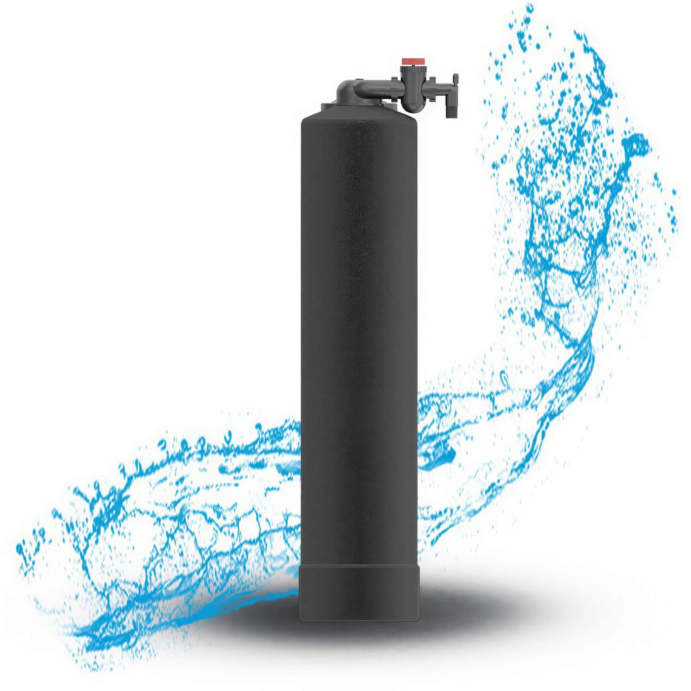 Tall black cylindrical tank with a valve on top, positioned in front of a blue water splash on a white background.