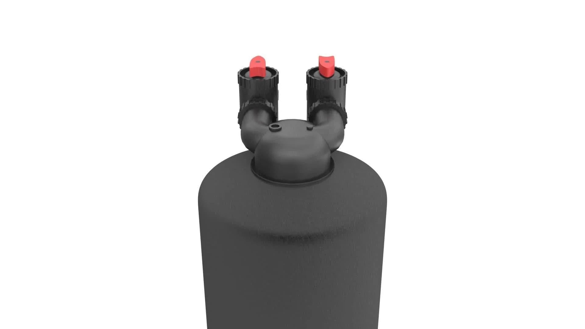 Top of a black cylindrical plastic tank featuring a dual-port valve head with two red levers on a white background.